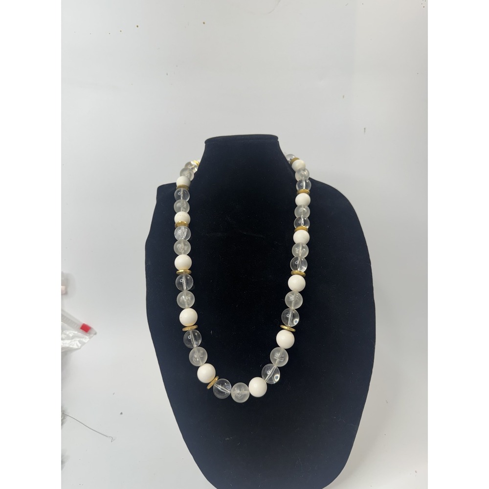 Vintage Frosted Clear and White Beaded Necklace Gold Tone Spacers 29 Inch